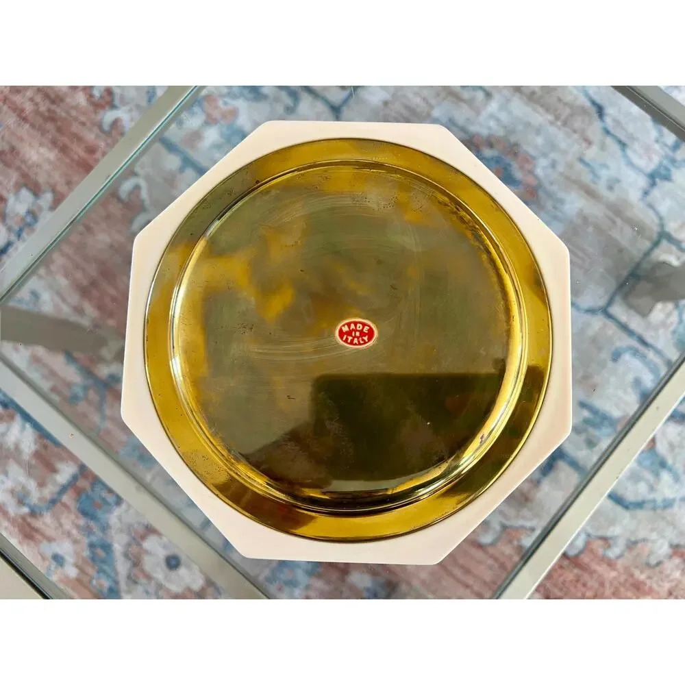 Vintage Made in Italy Brass Plates with Cream Octagon Frame, Set Of 3, MCM